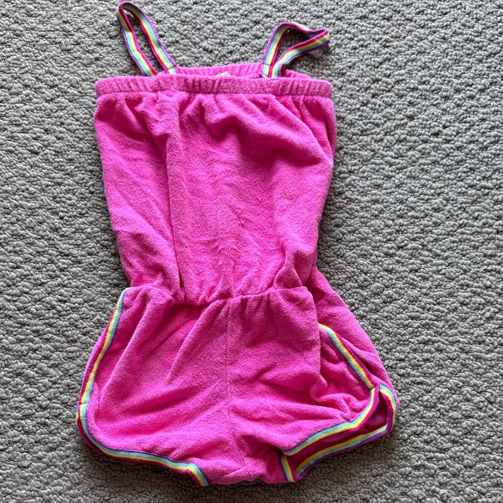 GAP Bright Pink Terry Romper with Rainbow-Trim Straps